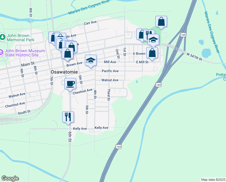 map of restaurants, bars, coffee shops, grocery stores, and more near 911 3rd Street in Osawatomie