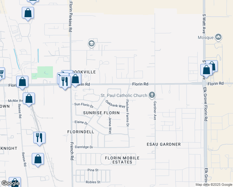 map of restaurants, bars, coffee shops, grocery stores, and more near 7249 Hennessy Court in Sacramento