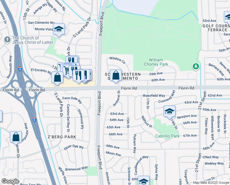 map of restaurants, bars, coffee shops, grocery stores, and more near 1355 Florin Road in Sacramento
