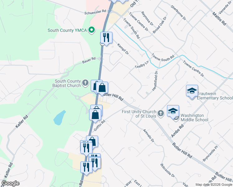 map of restaurants, bars, coffee shops, grocery stores, and more near 4950 Butler Crest Drive in St. Louis