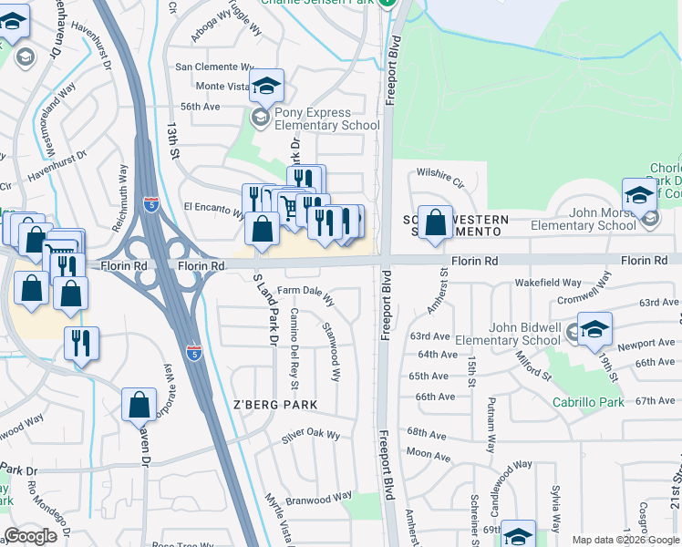 map of restaurants, bars, coffee shops, grocery stores, and more near 28 Rose Mead Circle in Sacramento