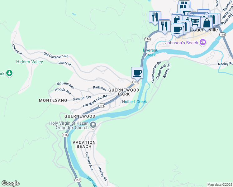 map of restaurants, bars, coffee shops, grocery stores, and more near 13048 Sosna Way in Guerneville