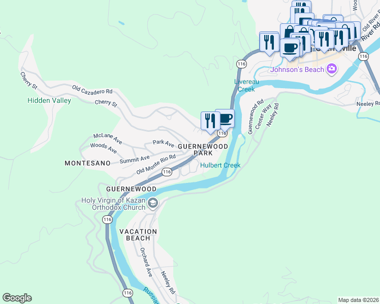 map of restaurants, bars, coffee shops, grocery stores, and more near 17247 Old Monte Rio Road in Guerneville