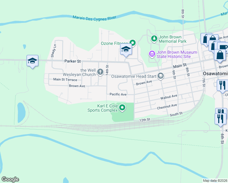 map of restaurants, bars, coffee shops, grocery stores, and more near 521 14th Street in Osawatomie