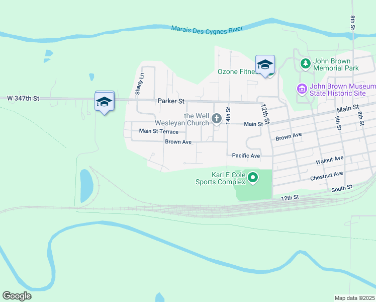 map of restaurants, bars, coffee shops, grocery stores, and more near 1545 Brown Avenue in Osawatomie