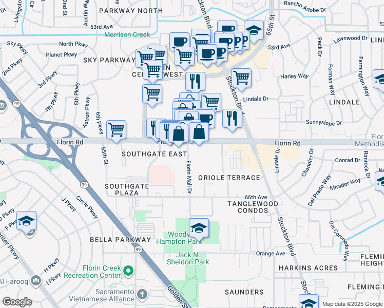 map of restaurants, bars, coffee shops, grocery stores, and more near 7221 Florin Mall Drive in Sacramento