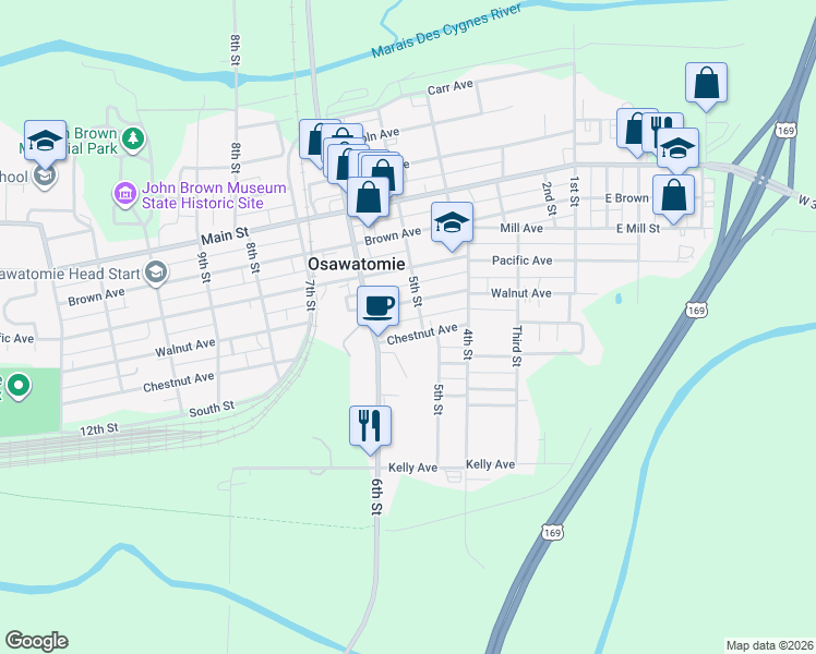 map of restaurants, bars, coffee shops, grocery stores, and more near 505 West Walnut Avenue in Osawatomie