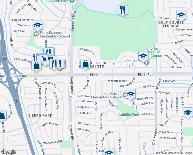 map of restaurants, bars, coffee shops, grocery stores, and more near 1541 Florin Road in Sacramento
