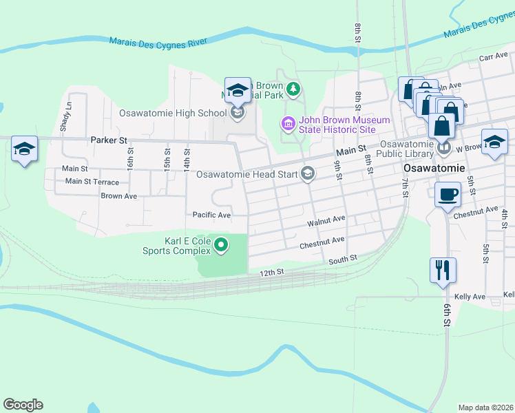 map of restaurants, bars, coffee shops, grocery stores, and more near 1135 Brown Avenue in Osawatomie