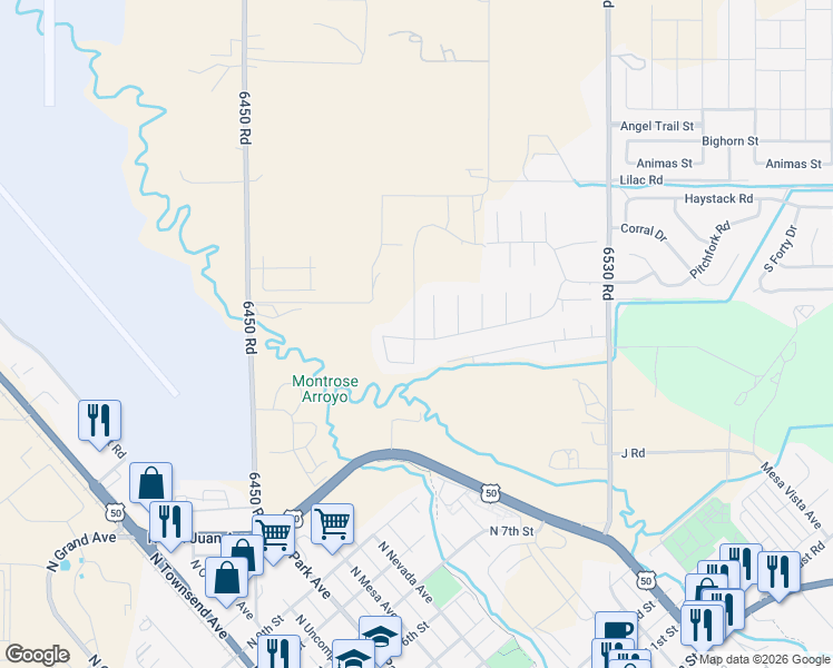 map of restaurants, bars, coffee shops, grocery stores, and more near 3404 Coyote Court in Montrose
