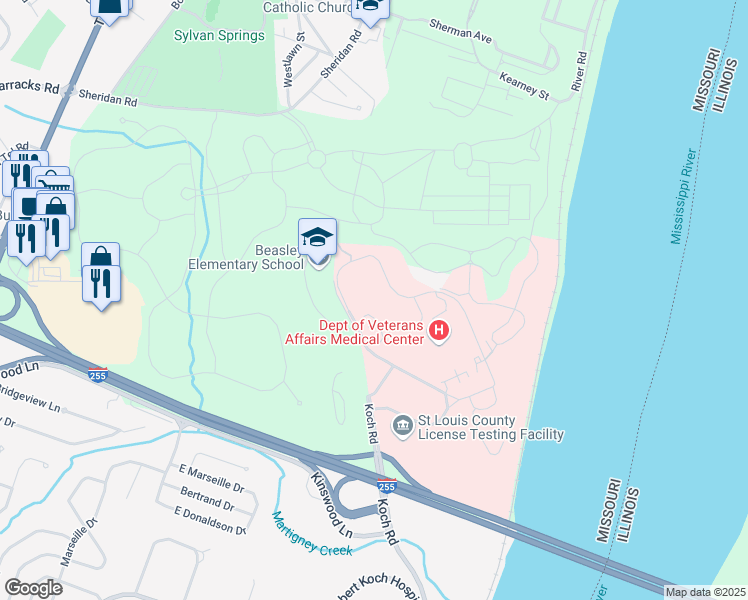 map of restaurants, bars, coffee shops, grocery stores, and more near 101 Jefferson Drive in St. Louis