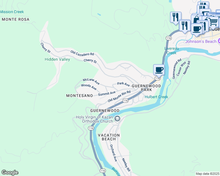 map of restaurants, bars, coffee shops, grocery stores, and more near 14222 McLane Avenue in Guerneville