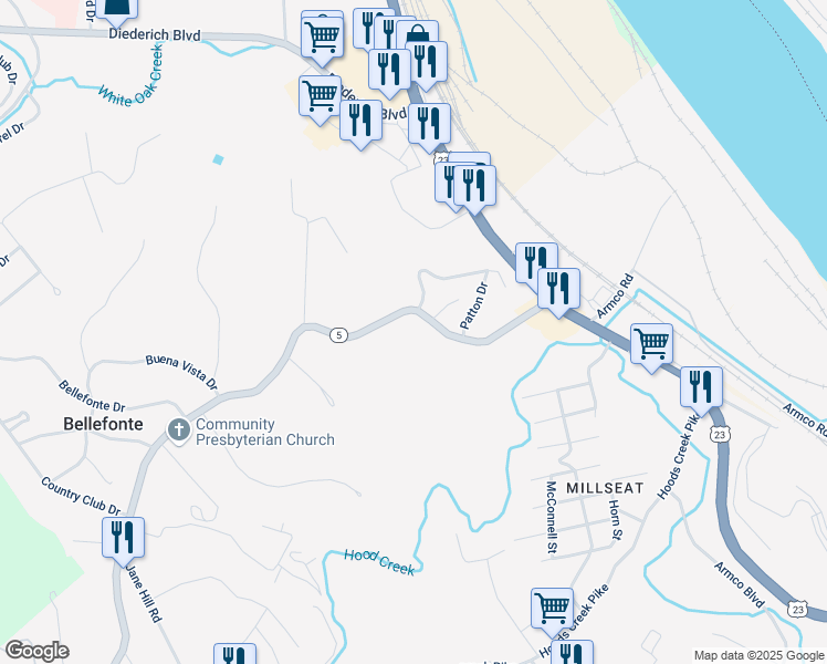 map of restaurants, bars, coffee shops, grocery stores, and more near 300-302 Bellefonte Princess Road in Westwood