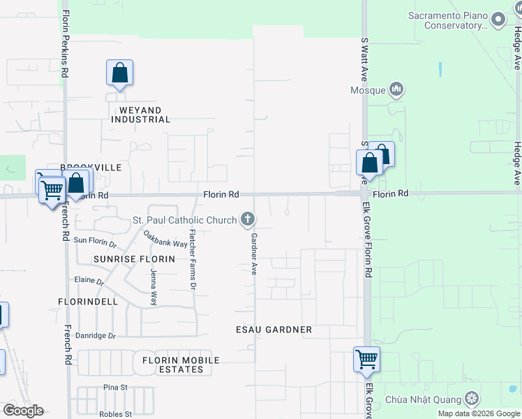 map of restaurants, bars, coffee shops, grocery stores, and more near 8765 Florin Road in Sacramento