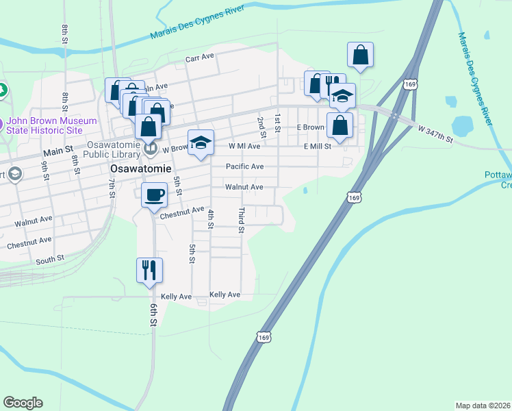 map of restaurants, bars, coffee shops, grocery stores, and more near 141 West Walnut Avenue in Osawatomie