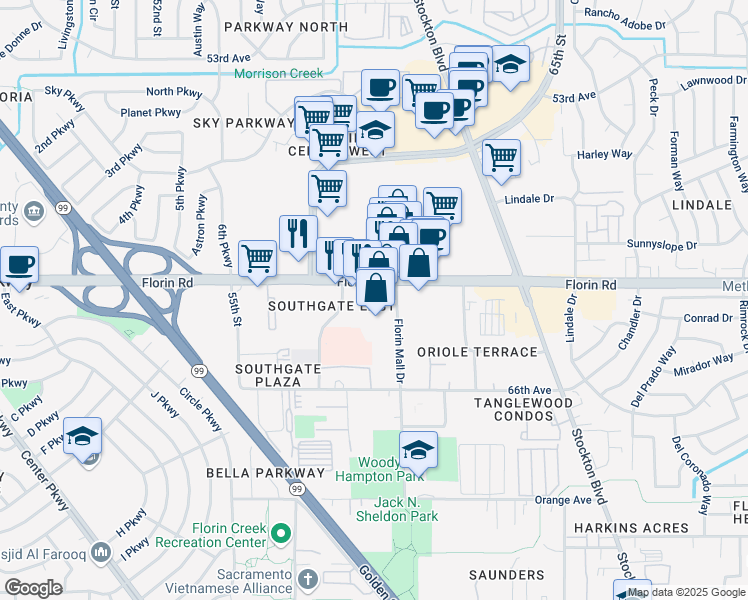 map of restaurants, bars, coffee shops, grocery stores, and more near 5950 Florin Road in Sacramento