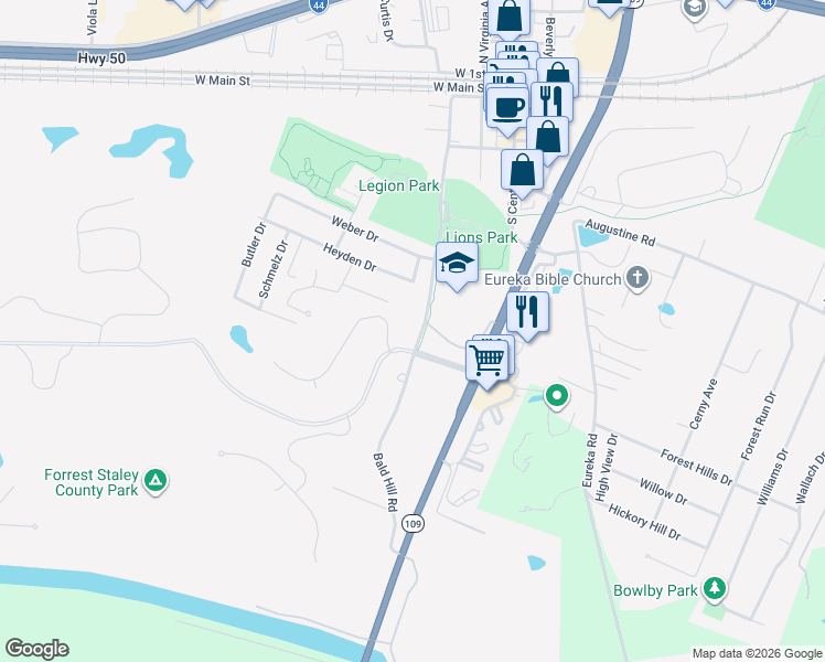 map of restaurants, bars, coffee shops, grocery stores, and more near 503 Bald Hill Road in Eureka