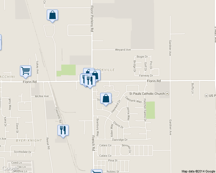 map of restaurants, bars, coffee shops, grocery stores, and more near 8550 Florin Road in Sacramento