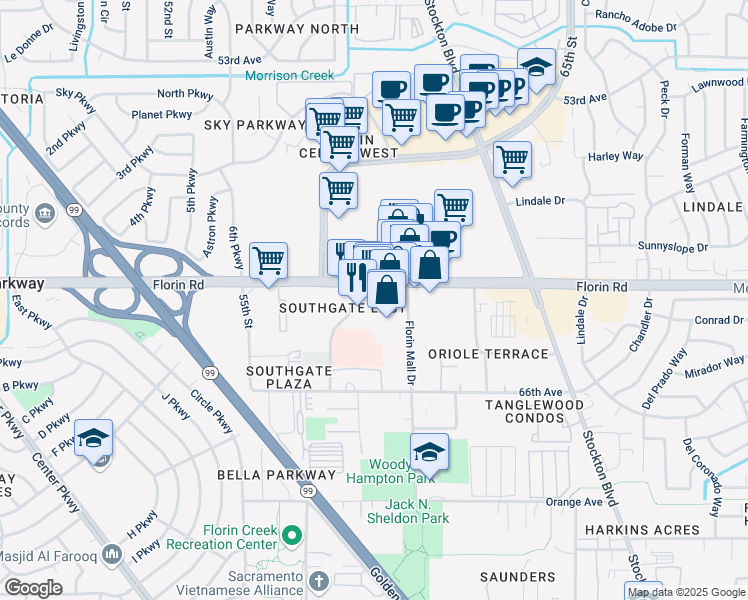 map of restaurants, bars, coffee shops, grocery stores, and more near 5950 Florin Road in Sacramento