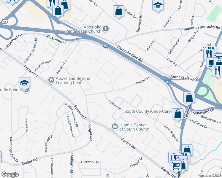 map of restaurants, bars, coffee shops, grocery stores, and more near 4140 Ricewood Drive in St. Louis