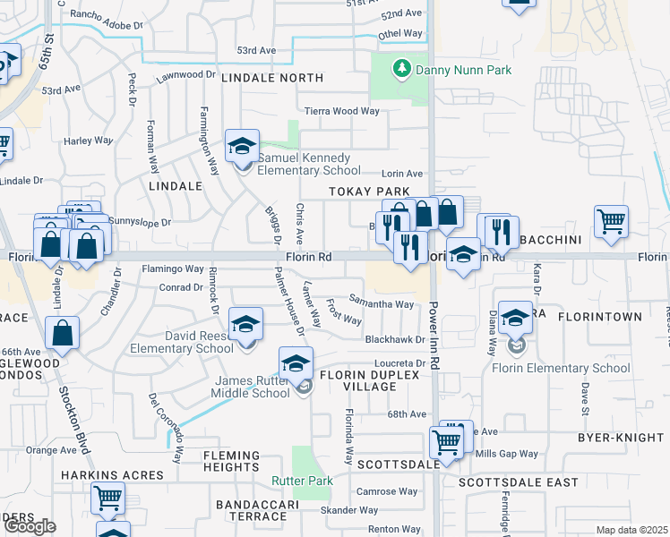 map of restaurants, bars, coffee shops, grocery stores, and more near 7506 Florin Road in Sacramento
