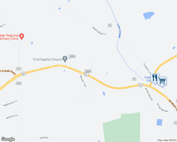 map of restaurants, bars, coffee shops, grocery stores, and more near County Road 400B in Osage County