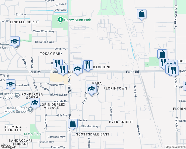 map of restaurants, bars, coffee shops, grocery stores, and more near 8176 Florin Road in Sacramento