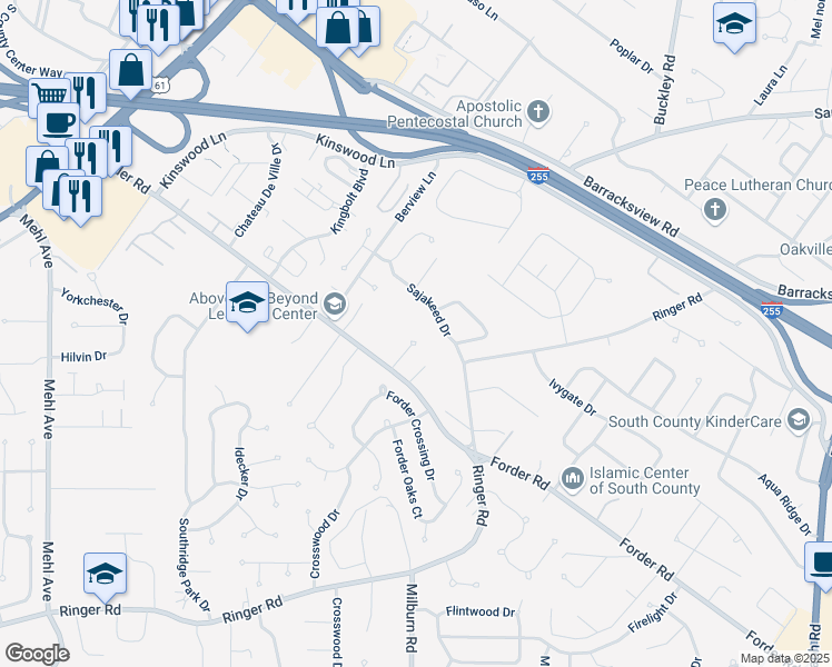 map of restaurants, bars, coffee shops, grocery stores, and more near 4103 Tiffany Trail Court in St. Louis