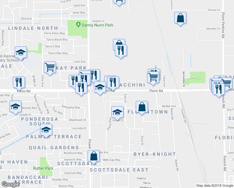 map of restaurants, bars, coffee shops, grocery stores, and more near 8176 Florin Road in Sacramento