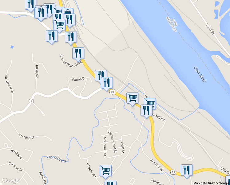 map of restaurants, bars, coffee shops, grocery stores, and more near Russell Road in Westwood