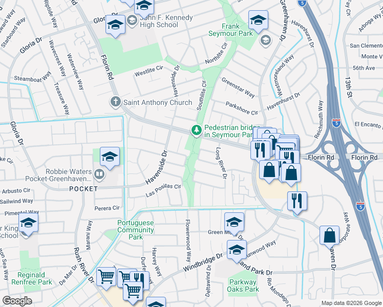 map of restaurants, bars, coffee shops, grocery stores, and more near 18 Riverstar Circle in Sacramento
