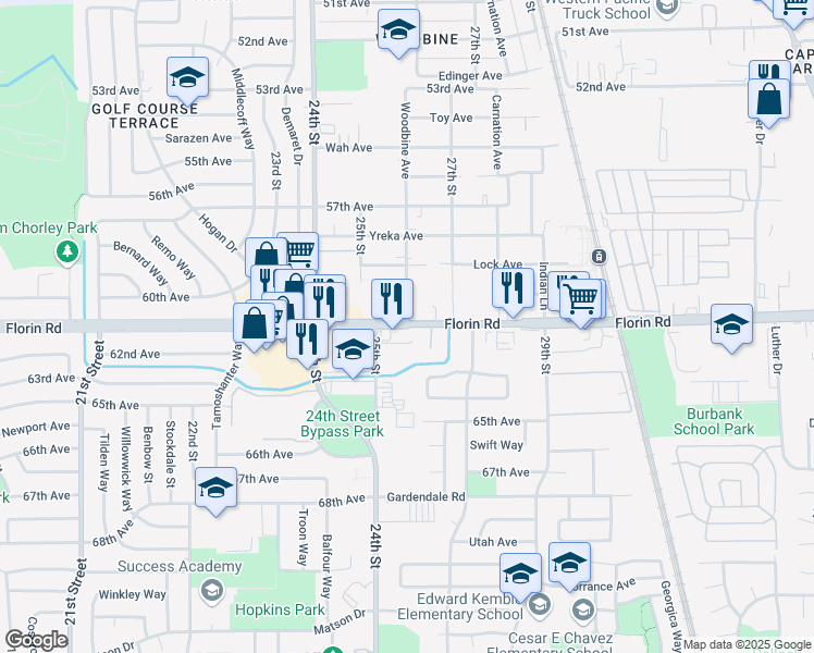 map of restaurants, bars, coffee shops, grocery stores, and more near Florin Rd & Woodbine Ave in Sacramento