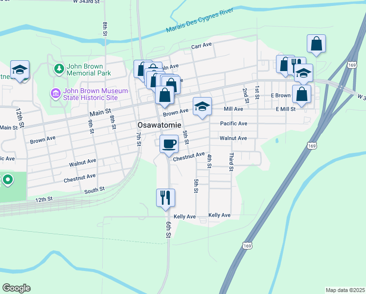 map of restaurants, bars, coffee shops, grocery stores, and more near 505 West Walnut Avenue in Osawatomie
