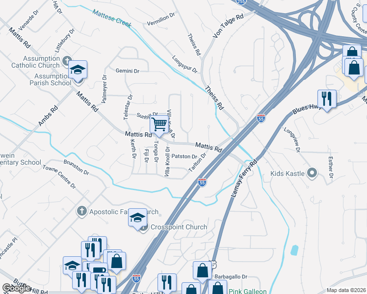 map of restaurants, bars, coffee shops, grocery stores, and more near 4452 Mattis Road in St. Louis