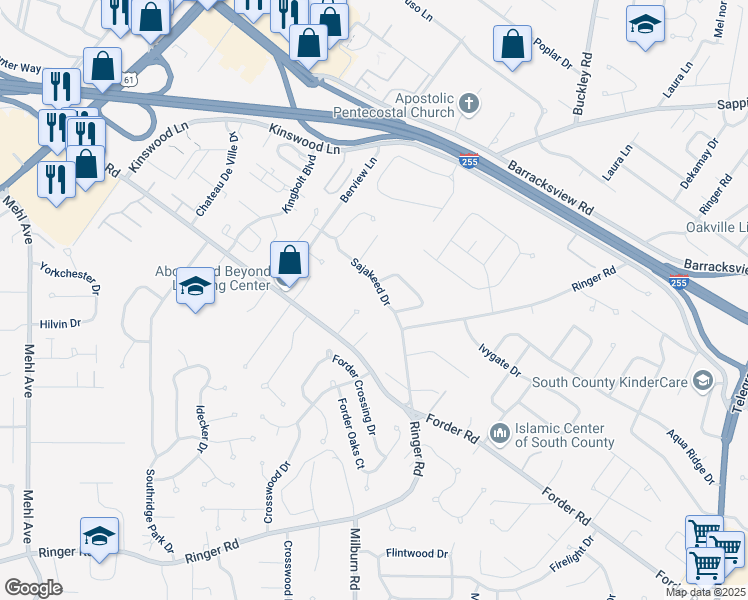 map of restaurants, bars, coffee shops, grocery stores, and more near 4103 Tiffany Trail Court in St. Louis