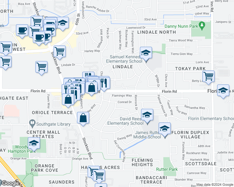 map of restaurants, bars, coffee shops, grocery stores, and more near 6941 Flamingo Way in Sacramento