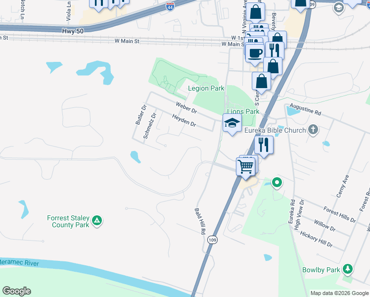 map of restaurants, bars, coffee shops, grocery stores, and more near 456 Eagle Pointe Landing Drive in Eureka