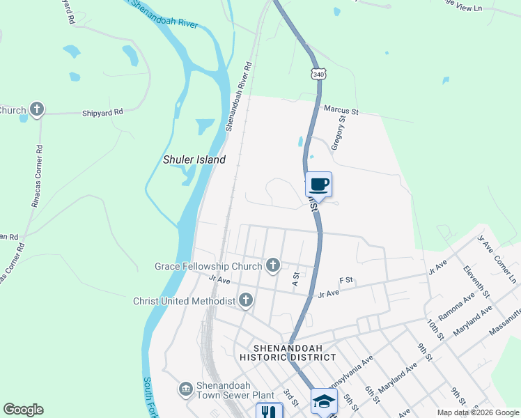 map of restaurants, bars, coffee shops, grocery stores, and more near 209 High Knoll Terrace in Shenandoah