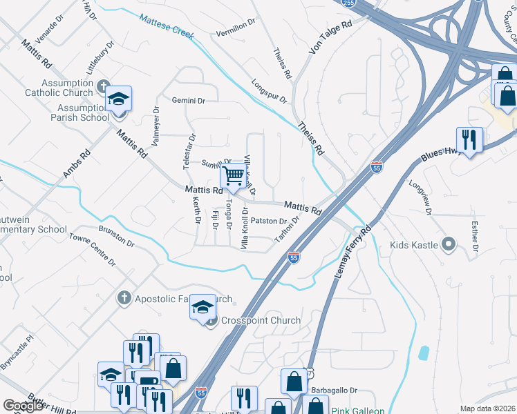map of restaurants, bars, coffee shops, grocery stores, and more near 4452 Mattis Road in St. Louis