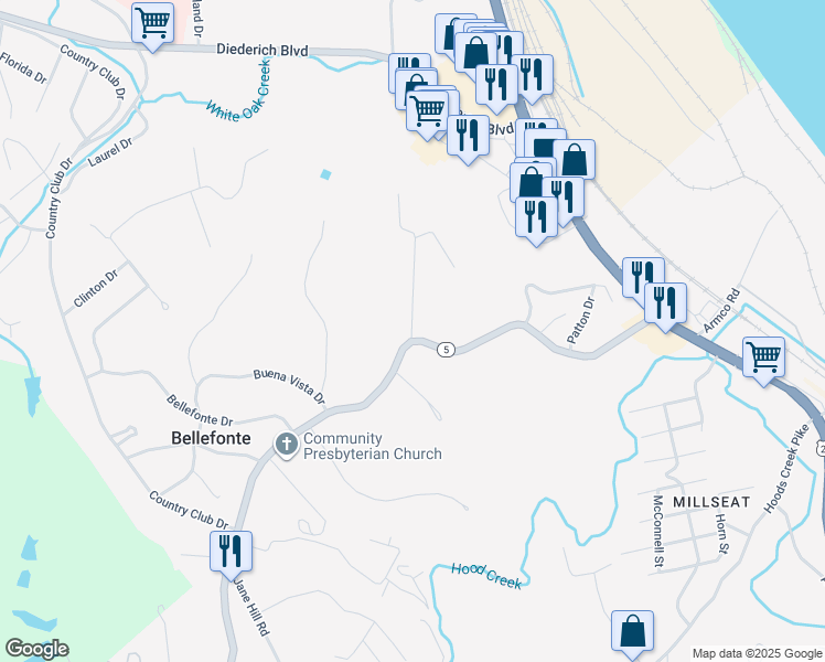 map of restaurants, bars, coffee shops, grocery stores, and more near 358 Bellefonte Princess Road in Ashland