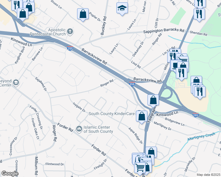 map of restaurants, bars, coffee shops, grocery stores, and more near 733 Fairington View Dr in St Louis
