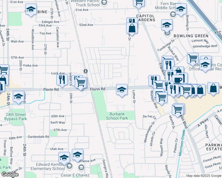 map of restaurants, bars, coffee shops, grocery stores, and more near 3500 Florin Road in Sacramento