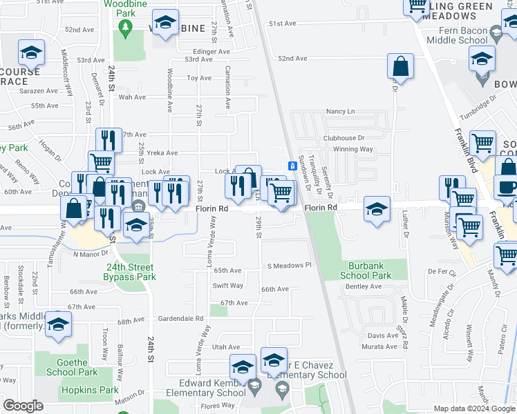map of restaurants, bars, coffee shops, grocery stores, and more near Florin Rd & Indian Ln in Sacramento