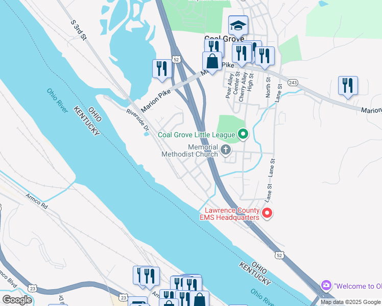 map of restaurants, bars, coffee shops, grocery stores, and more near 113 Main Street in Coal Grove