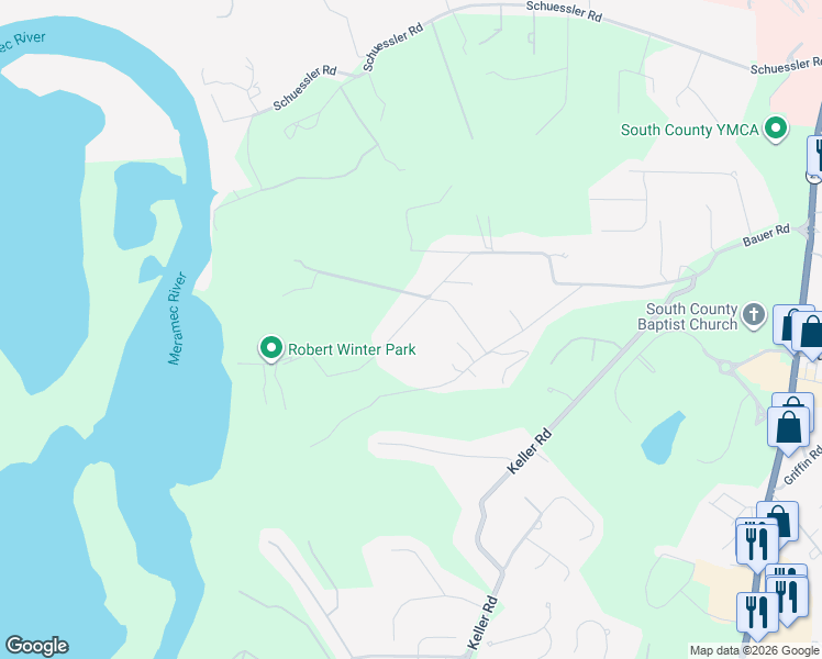 map of restaurants, bars, coffee shops, grocery stores, and more near 10324 Bauer Road in St. Louis