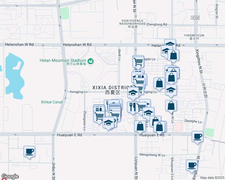 map of restaurants, bars, coffee shops, grocery stores, and more near in Yinchuan