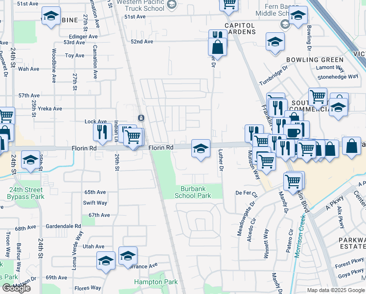 map of restaurants, bars, coffee shops, grocery stores, and more near 3463 Florin Road in Sacramento