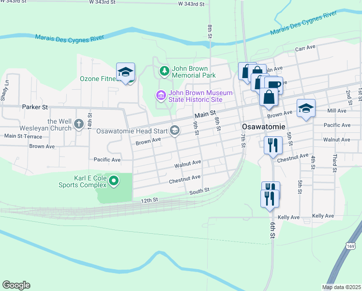 map of restaurants, bars, coffee shops, grocery stores, and more near 924 West Pacific Avenue in Osawatomie