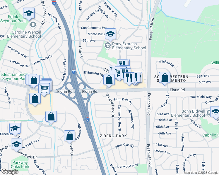 map of restaurants, bars, coffee shops, grocery stores, and more near 1235 Florin Road in Sacramento