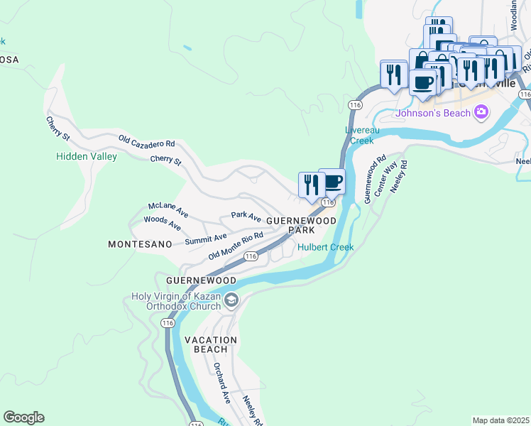 map of restaurants, bars, coffee shops, grocery stores, and more near 14218 Cherry Street in Guerneville